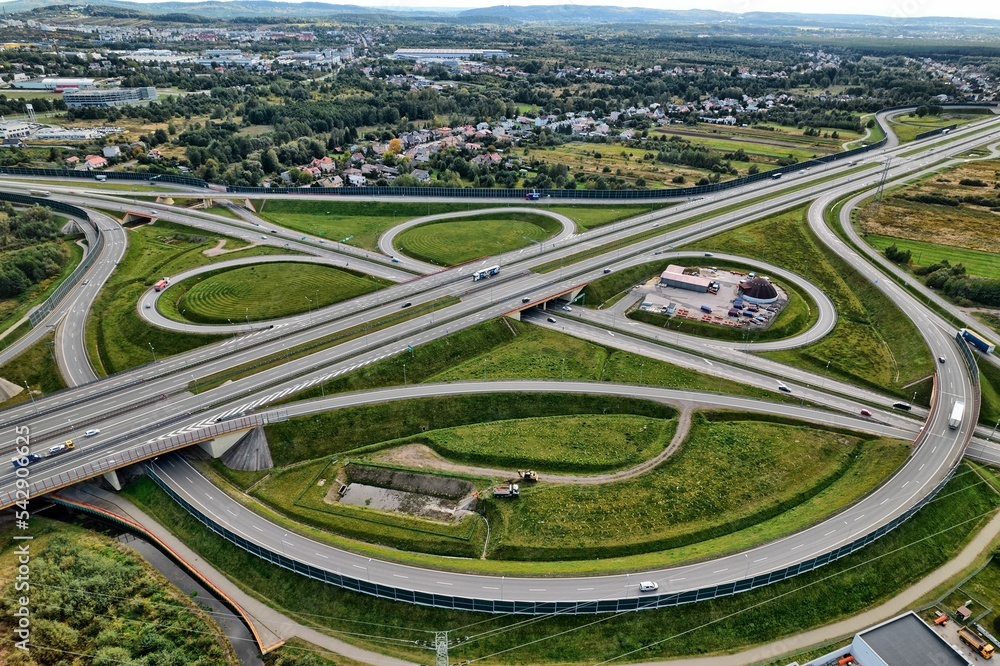 Communication nodes on the S7 expressway in Poland as seen from the air from a drone
