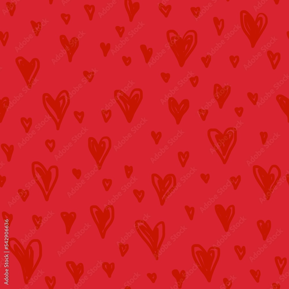 Valentines day,Mothers Day hand drawn doodle seamless pattern in red.Marker drawn different heart shapes silhouettes.Sweet love texture for postcards,wrapping paper,textiles,decorative prints