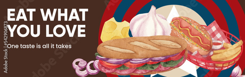 Facebook ads template with American fastfood concept, watercolor style