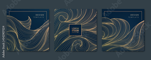 Vector set of wavy luxury line cards, golden dynamic square backgrounds, posts, design template. Art deco abstract patterns, texture for print, fabric, packaging design. Japanese style.