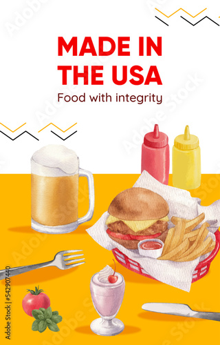 Invitation card template with American fastfood concept, watercolor style