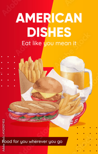 Invitation card template with American fastfood concept, watercolor style