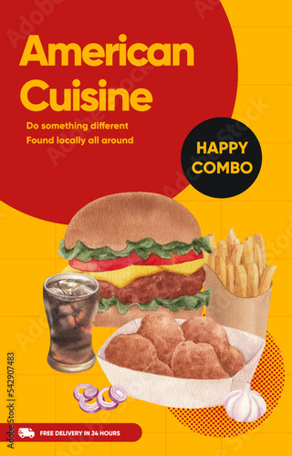 Invitation card template with American fastfood concept, watercolor style