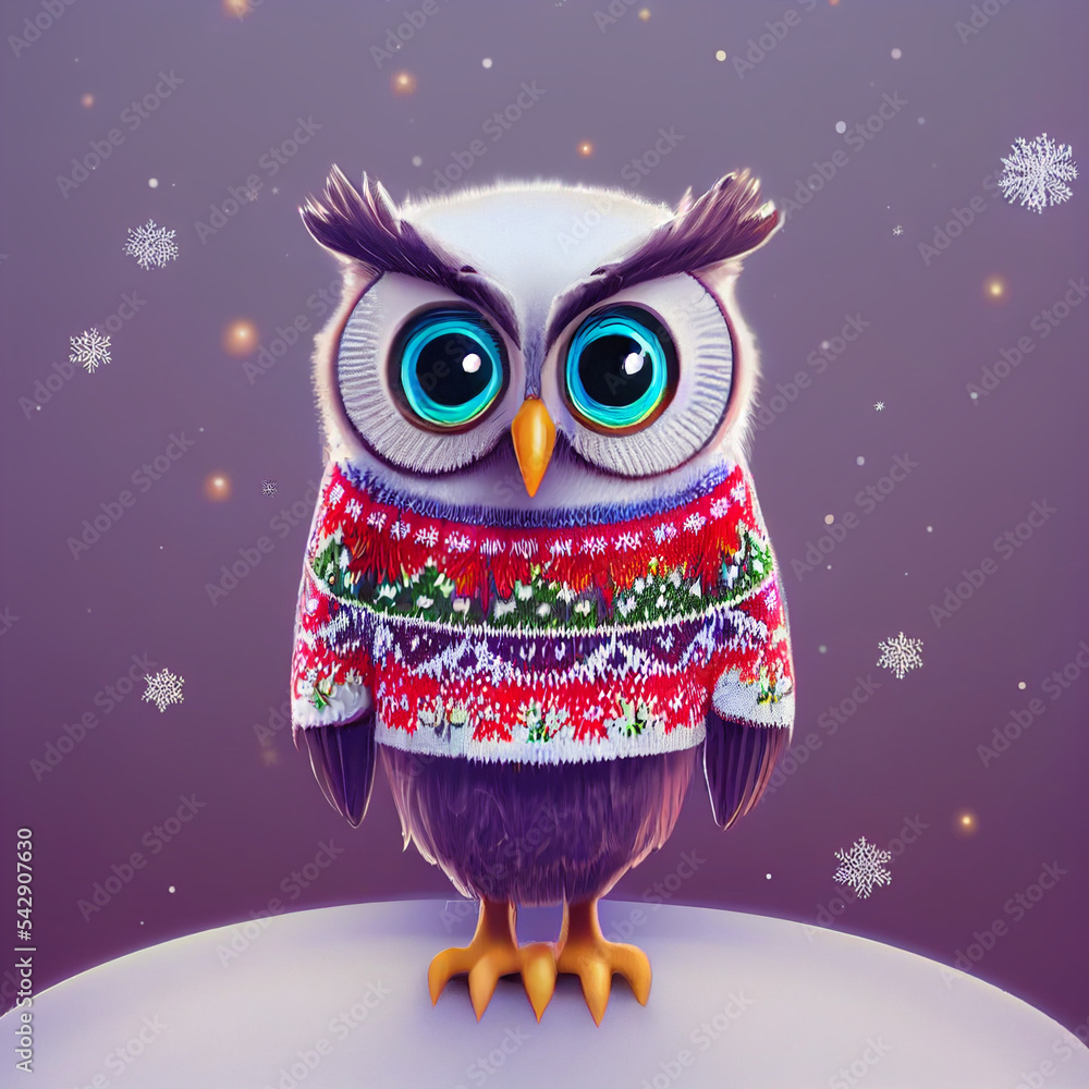 Cute Christmas owl wearing traditional holiday sweater, Happy New Year