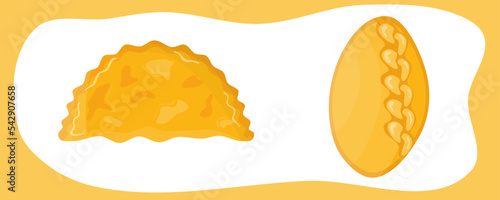 Vector Cheburek. Meat cheburek and bun. Juicy pastry. Vector illustration of street food.