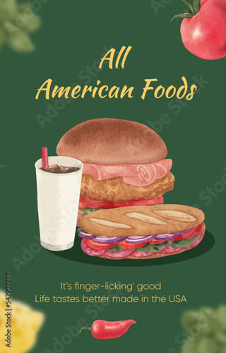 Invitation card template with American fastfood concept, watercolor style