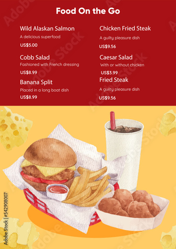 Menu template with American fastfood concept, watercolor style