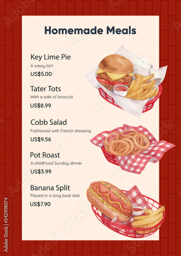 Menu template with American fastfood concept, watercolor style