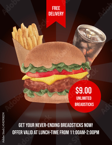 Poster template with American fastfood concept, watercolor style