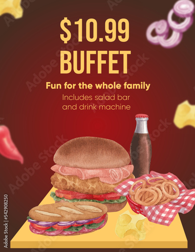 Poster template with American fastfood concept, watercolor style