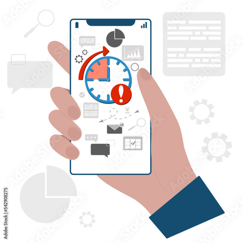 Hand holding smartphone with efficiency work time. Concept of work time management. Time management planning, organization and control for effiecient succesful and profitable business. 