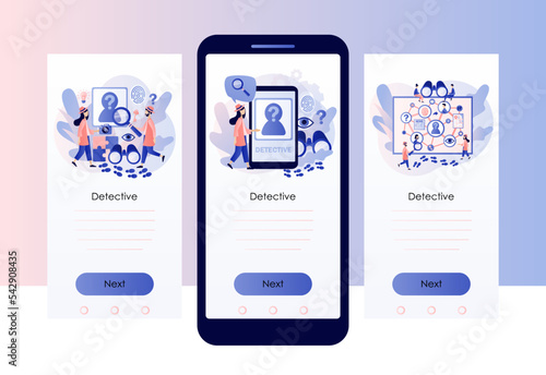 Detective agency. Private detective solving crime and search criminals. Searching evidences. Screen template for mobile, smartphone app. Modern flat cartoon style. Vector illustration
