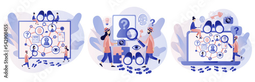 Detective agency. Private detective solving crime and search criminals. Searching evidences. Investigation board with photos, notes and map attached. Modern flat cartoon style. Vector illustration