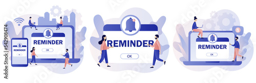 Reminder concept. Notifications page with notification bell. New notice. Important reminder. Event push message. Modern flat cartoon style. Vector illustration on white background