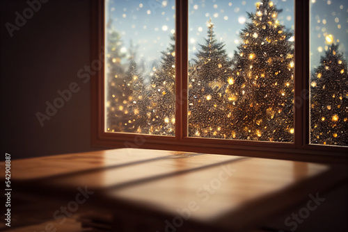 Empty wooden table with winter sunlight. Chrismas mood background, copy space. 3d illustration.