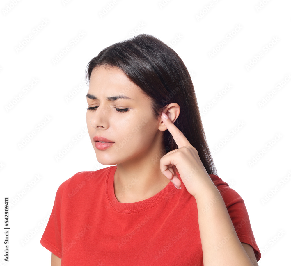 Young woman suffering from ear pain on white background Young woman suffering from ear pain on white background
