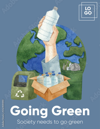 Poster template with global recycling concept, watercolor style