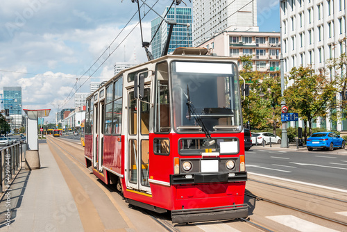 Streetcar on road in city. Public transport