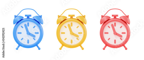 Clock 3d render icon set - simple alarm timer concept, red retro style alarmclock photo