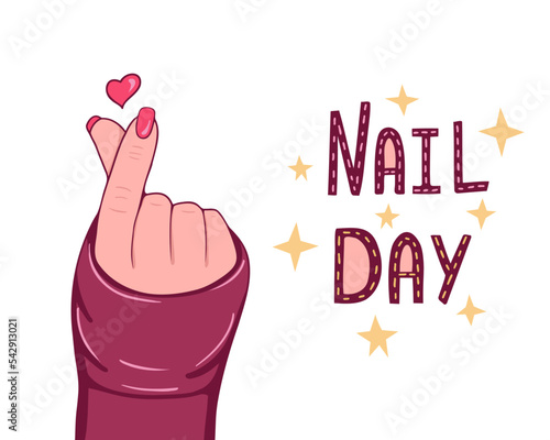 Beautiful nails, female hands, heart shape fingers, nail day. Vector Illustration for backgrounds and packaging. Image can be used for greeting card, poster and sticker. Isolated on white background.