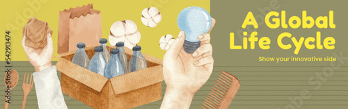 Facebook ads template with global recycling concept, watercolor style