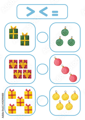 Christmas Activity page, sheet for kids. A mathematical task for comparing numbers. A game for teaching a child. Exercise with a drawing of Christmas items. The lesson of counting more, less, equal
