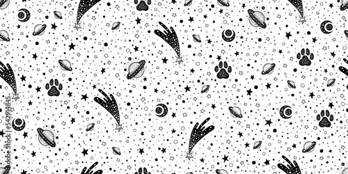 Space pattern. Star, saturn, planet, comet, moon print. Doodle galaxy. Cute astrology vector. Outer space seamless pattern. Repeat constellation scandinavian print. Night, star. Planet background art
