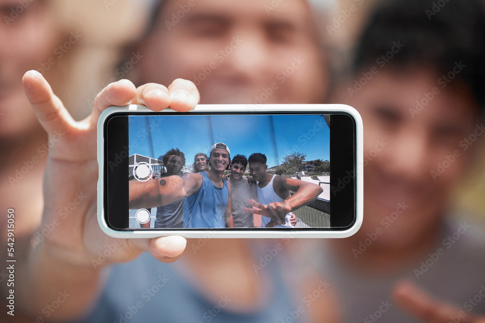 Hands, phone and team selfie for sport, social media or picture moment for friendship together in the outdoors. Hand of man taking group photo for sports vacation or social trip on smartphone