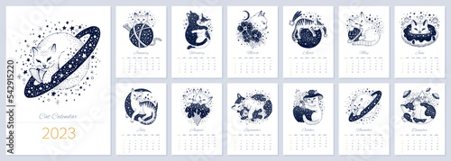 Calendar 2023. Cat chinese Zodiac design. Cute pet 2023 vintage animal template. Creative psychedelic vector. Month horoscope. Funny magic cartoon. Trendy new year astrology calendar. Sketch space cat