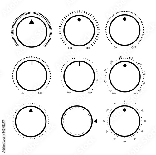 Adjustment dial. Rotary dials with round scale volume level knob and round controller