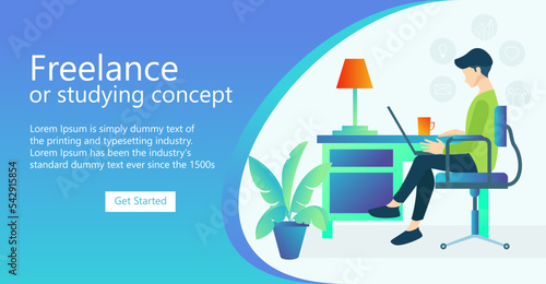 Illustration of a creative person working in an office with a computer Suitable for landing page, flyers, Infographics, And Other Graphic Related Assets-vector