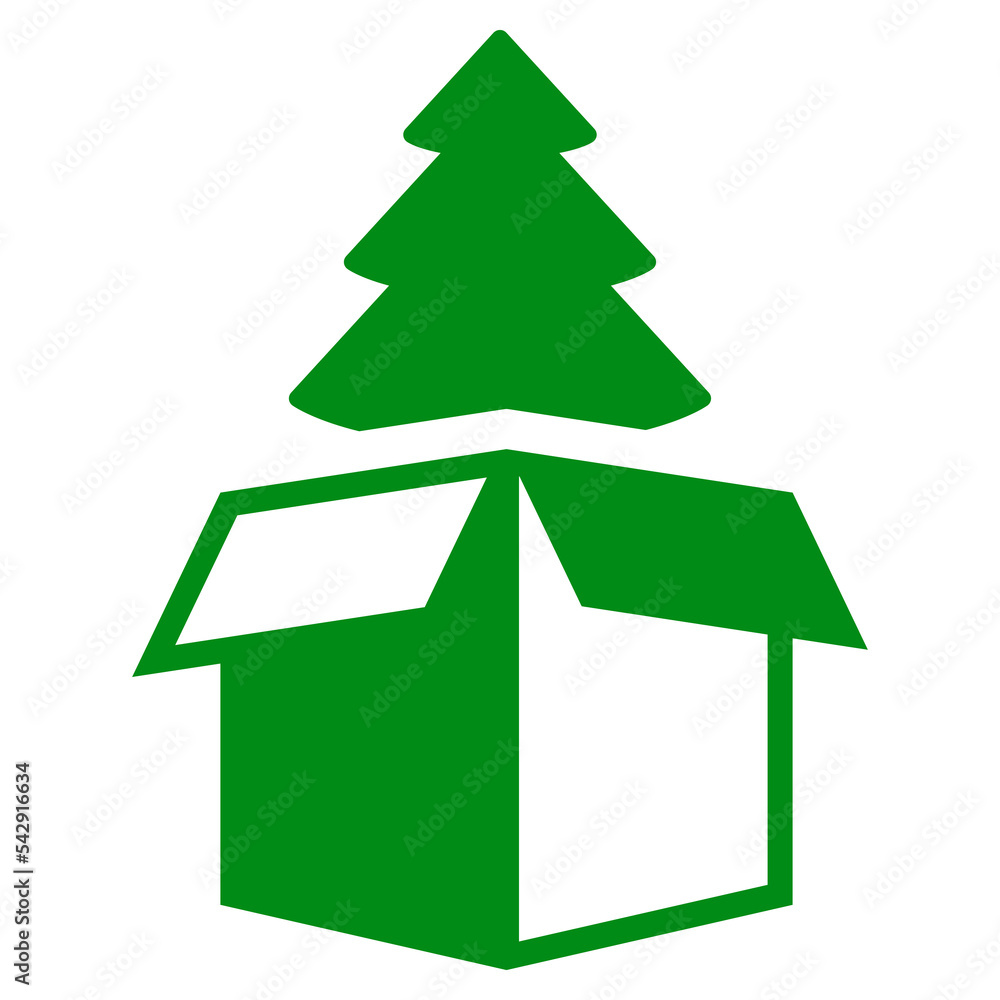 Fototapeta premium Logo regalo de navidad. Icono aislado con silueta de caja de cartón abierta con árbol de navidad