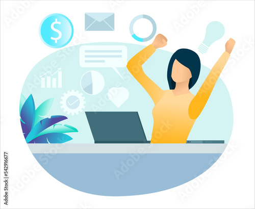 Illustration of a happy woman seeing successful business growth Suitable for landing page, flyers, Infographics, And Other Graphic Related Assets-vector