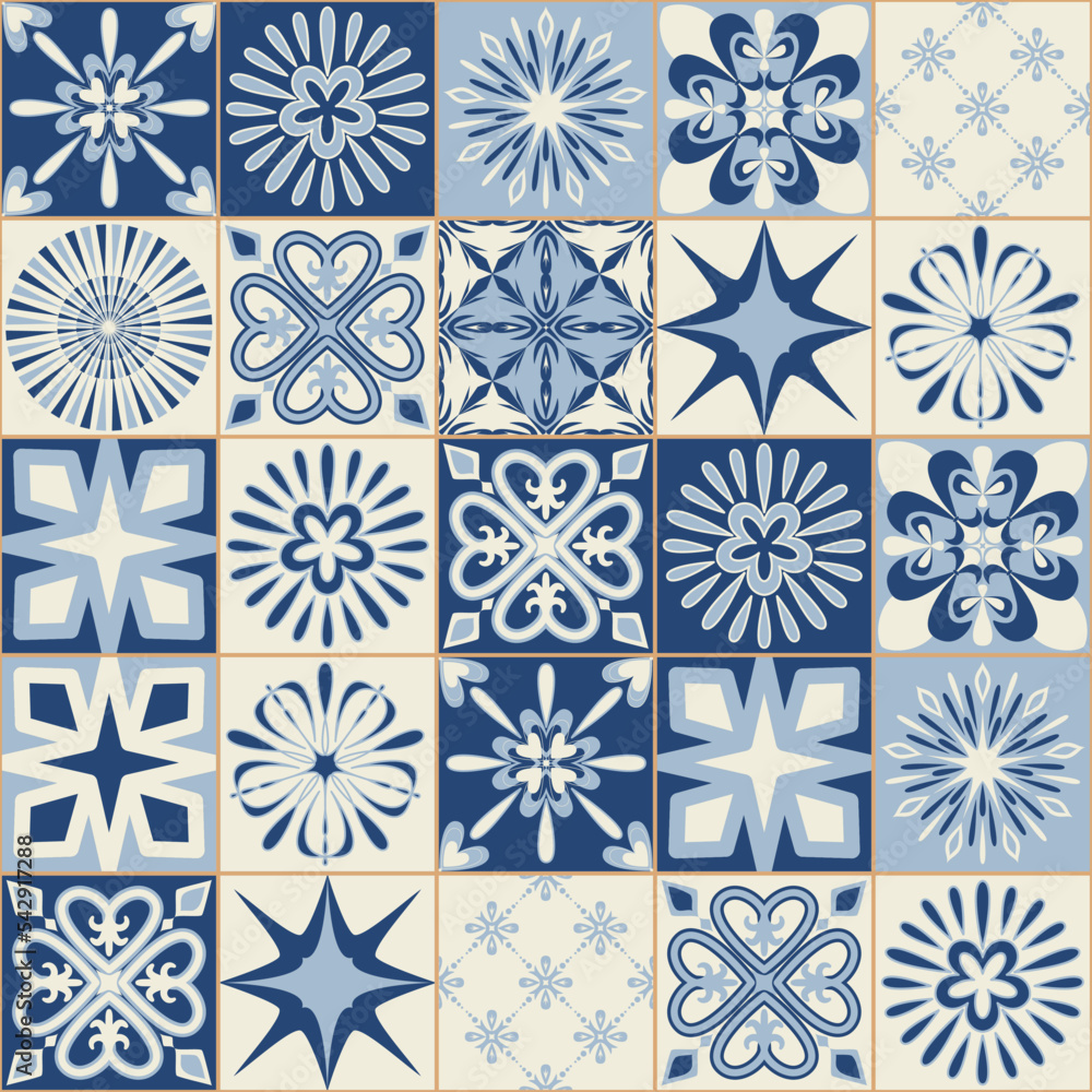 Spanish style blue ceramic tiles, classic symmetrical pattern for wall decoration Spanish style blue ceramic tiles, classic symmetrical pattern for wall decoration