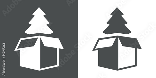 Logo regalo de navidad. Icono aislado con silueta de caja de cartón abierta con árbol de navidad en fondo gris y fondo blanco
