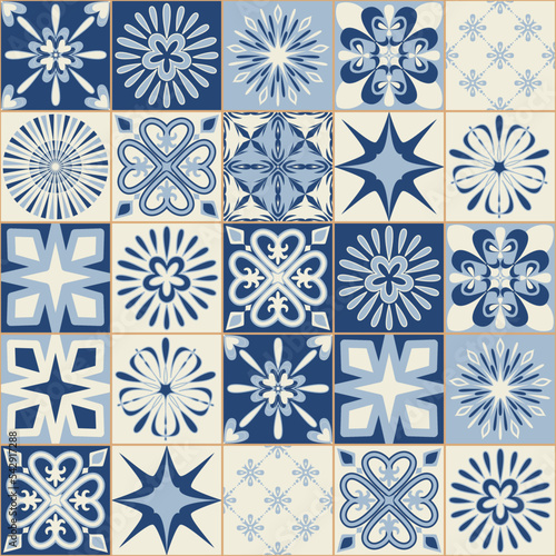 Spanish style blue ceramic tiles, classic symmetrical pattern for wall decoration
