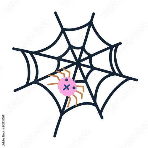 Cute little spider in his web. Halloween holiday concept. Hand drawn vector illustration spider web with a spider.