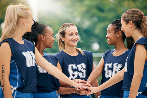 Fotografija Netball team, hands and women sports motivation of athlete group showing happy teamwork support