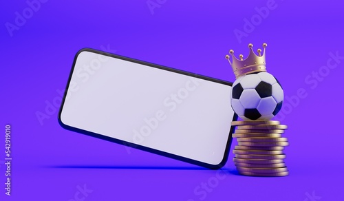 Soccer ball wearing a crown with a stack of coins. Sports betting and finance. 3D Rendering
