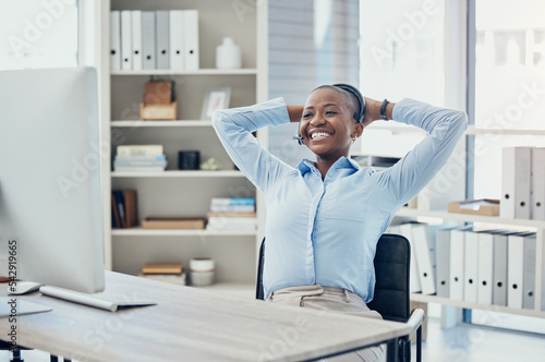 Photography Relax call center, success or black woman sales consultant on target for winning a telemarketing or telecom bonus for company