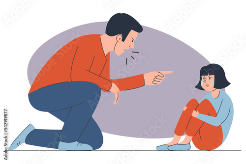 Father screaming at daughter vector isolated. Illustration of an angry parent being aggresive to a little child. Girl crying and sitting on the floor. Parental abuse. Violence in family.