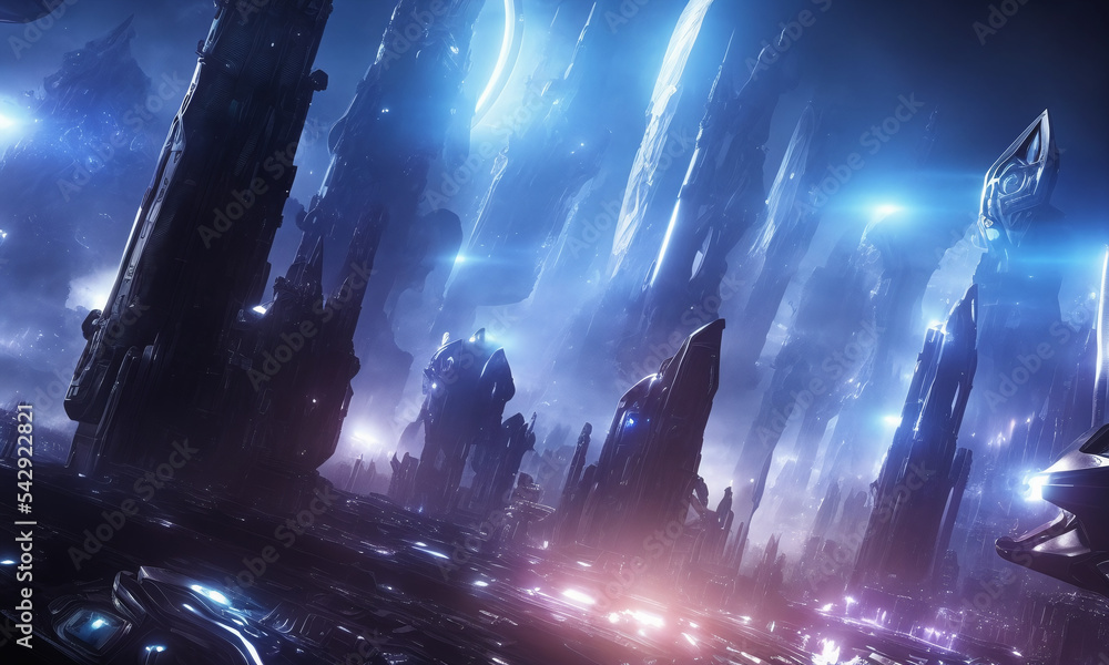 fantasy illustration of a futuristic alien technology city with ...