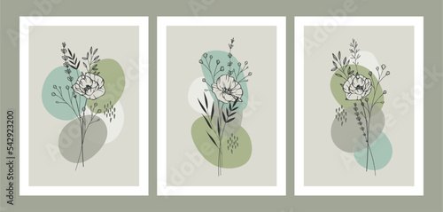 Abstract minimalist line posters with doodle organic bouquets  modern trendy design  contemporary artwork. Green colors