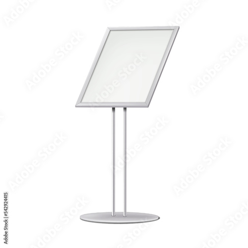 Sign holder stand realistic vector mockup. Blank white vertical menu board. Floor standing display. Metal poster frame mock-up. Template for design