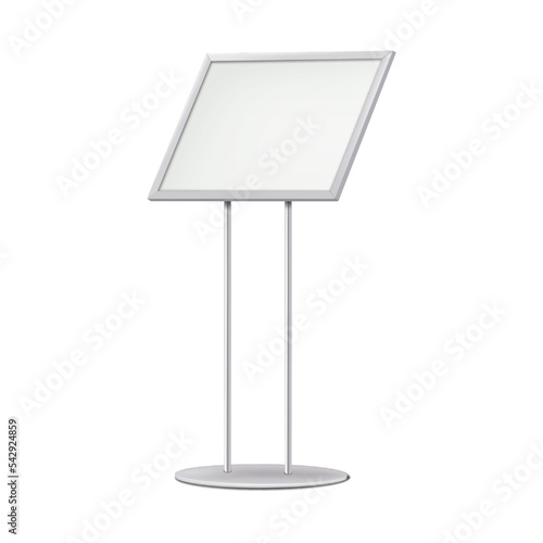 Blank white sign holder stand with two-legged round flat base post realistic vector mockup. Menu board. Floor standing display. Metal poster frame mock-up. Template for design