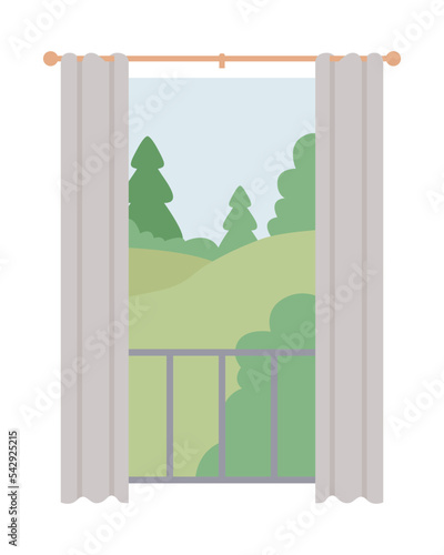 Summertime forest view semi flat color vector object. Editable element. Full sized item on white. Window and curtain simple cartoon style illustration for web graphic design and animation