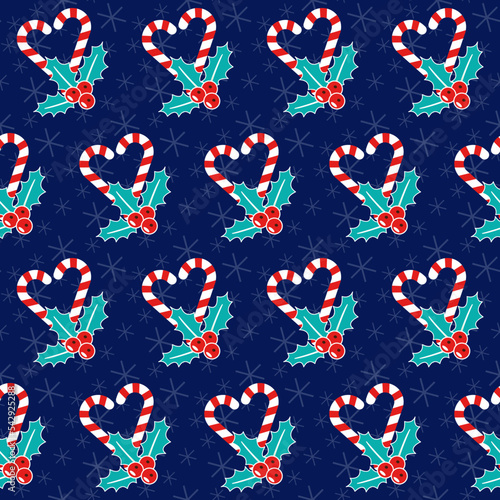 Romantic Christmas. Seamless vector illustration with mistletoe and heart shaped candy canes. Winter backdrop