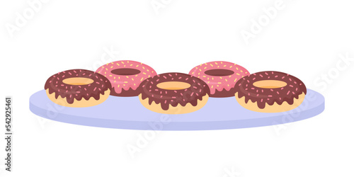 Doughnuts with chocolate glaze semi flat color vector object. Editable element. Full sized item on white. Delicious dessert simple cartoon style illustration for web graphic design and animation