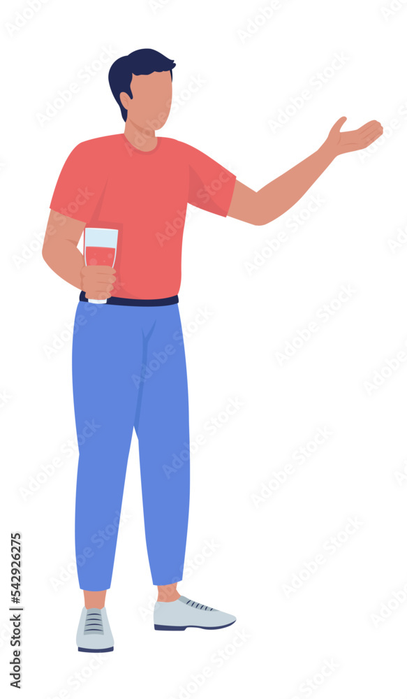 Young man holding drink and talking semi flat color vector character. Editable figure. Full body person on white. Gathering simple cartoon style illustration for web graphic design and animation