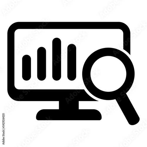 Screen with report icon, online monitoring concept, statistics icon. Online search icon.